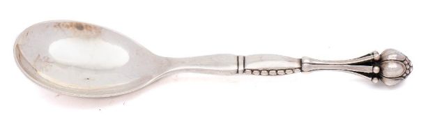 A Georg Jensen silver Acorn pattern serving spoon, assay master Christian Heise,