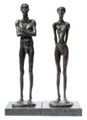 * J Brown [Contemporary] a pair of modern bronze figures of male and female nudes: each signed to