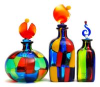 F & M Ballarin (Murano) three pezatto glass scent bottles and stoppers: one of square profile with