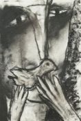 * Louise McClary [b.1958]- Boy with Dove,:- signed bottom right charcoal drawing, 27.5 x 18.5cm.