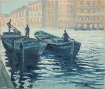 * Alan Cotton [b.1936]- Venice - Workmen and Barges,:- signed bottom right oil on canvas, 25.