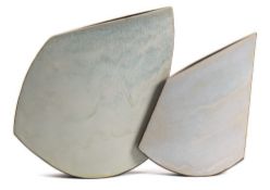 *Val Barry (1937-2018) two stoneware vessels: each of narrow slab built profile with diagonal rims
