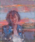 * Donald McKinlay [1929-2017]- Girl on the Promenade, New Brighton,:- oil on canvas 58 x 48.5cm.