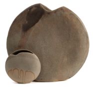 *Val Barry (1937-2018) two stoneware 'moon' vases: of narrow slab built form with asymmetric mouths,