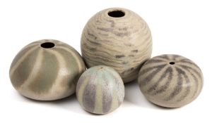 *Val Barry (1937-2018) three stoneware 'spheres' and a 'compressed sphere': of thrown form with