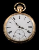 A gentleman's 18ct gold cased keywound lever openface pocket watch: the circular white enamel dial