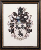 A polychrome coat of arms, the Sydenham Crest : mounted and framed 52 x 42cm.