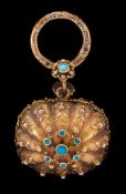 A late 19th century gilt metal and turquoise mounted vinaigrette: of rectangular outline,