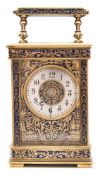 A French enamelled carriage clock: the eight-day duration timepiece movement having a platform