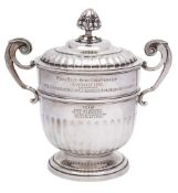 An Edward VII silver presentation twin handled cup and cover, maker Martin Hall & Co, Sheffield,