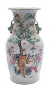 A Canton famille rose vase: the neck with lion dog handles and applied chilong,