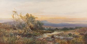 William Widgery [1822-1893]- Dartmoor Sunset, view to a fisherman and village beyond,:- signed,