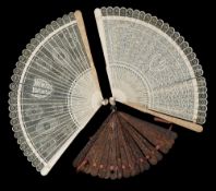 A 19th century carved ivory brise fan: carved to one side with shield shaped cartouche and foliate
