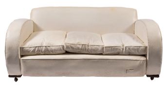An Art Deco style three piece lounge suite:, upholstered in ivory coloured leather,