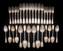 Six silver fiddle pattern table spoons, various makers and dates: crested,