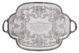 A Victorian silver presentation tea tray, maker Atkin Brothers, Sheffield, 1895: inscribed,