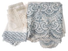 A section of pale blue Madeira work edging: of traditional design, 390 x 53cm,