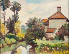 * Guillermo Bestard-Canaves [1881-1969]- Cottage by a stream,:- signed bottom right, oil on board,