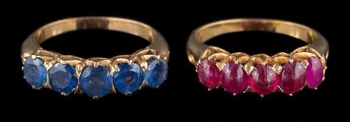 A gold and sapphire five-stone half-hoop ring: and a cabochon ruby five-stone ring,