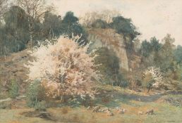 Alfred Heaton Cooper [1864-1929]- A scene near Grasmere, sheep grazing by a meadow by a cliff,
