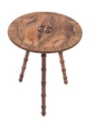 An olive wood and inlaid circular occasional table:,