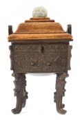 A Chinese archaic-style bronze censer: of rectangular section with flattened loop handles,