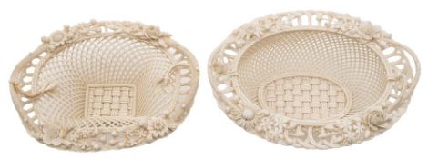 Two Belleek baskets: of oval four-stand form with traditional latticework applied with twig handles