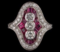 An Art Deco ruby and diamond cluster ring: with central row of round brilliant-cut diamonds within