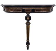 A Victorian ebonised and partly gilt inlaid pier table:, of D-shaped broken outline,