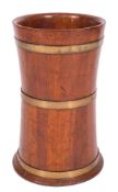 A teak and brass bound cylindrical waisted barrel stick stand:, 53cm (1ft 8 3/4in) high,