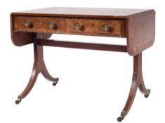 A George III mahogany and inlaid sofa table:, bordered with boxwood lines,