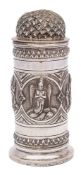 An Indian silver sugar castor: of cylindrical outline, with pierced domed screw-off lid,