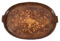 A 19th Dutch marquetry oval tea tray: with chequer inlaid galleried border,