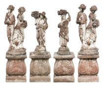 Four reconstituted stone statues: depicting rustic peasants,