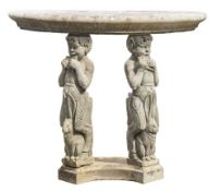 A hardstone half round table: raised on associated stiles of satyrs playing pan pipes with hares at
