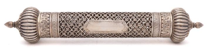 An Indo-Persian white metal scribe's scroll case: of cylindrical outline,