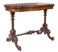 A Victorian burr figured walnut and inlaid card table:, of serpentine outline,