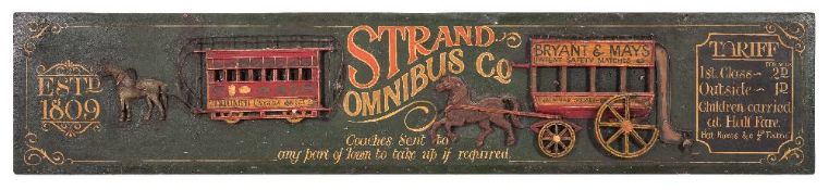 A 20th century Strand Omnibus Co painted and carved wood sign:, 41 x 222cm.