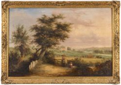 Circle of Henry John Boddington [19th Century]- An extensive rural landscape, figures, haymakers,