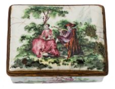 An 18th century German enamel gilt-metal mounted rectangular snuff box: decorated with romantic