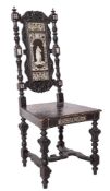 A 19th Century Italian carved ebonised and ivory marquetry inlaid hall chair:, bordered with lines,