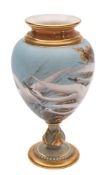 A Royal Worcester vase painted by Charles Baldwyn: of ovoid form and spreading foot,