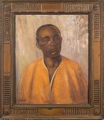 British School early 20th Century- Portrait of a man, head and shoulders wearing an orange smock,