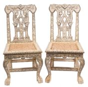 A pair of Anglo-Indian style camel bone veneer dining or side chairs:,