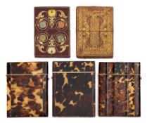 A group of three 19th century tortoiseshell card cases and two tooled leather card cases: 9.5-10.