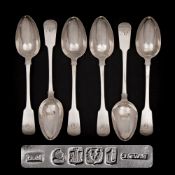 A set of six George IV Scottish silver fiddle pattern table spoons, maker James & Walter Marshall,