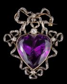 A 19th century heart-shaped amethyst & diamond brooch: the heart-shaped amethyst approximately 25mm