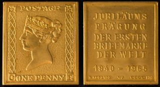 A 'Penny Black' commemorative medallion: dated '1840 - 1965', with '3 Auflage' and '999.