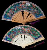 A 19th century Cantonese carved ivory 'Thousand faces' fan: with carved ivory sticks and guards,
