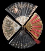 A 19th century mother of pearl and machine lace fan: the leaf with central printed cartouche of a